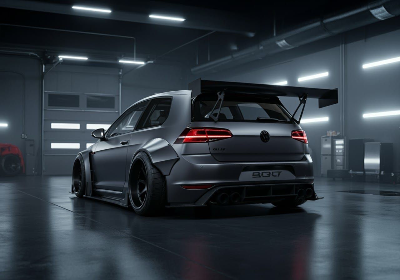 Aggressive Volkswagen GTI Widebody Concept in Dark Garage