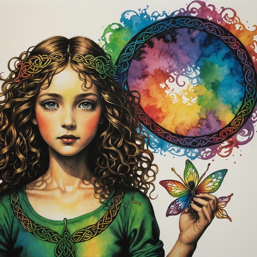 Celtic Fairy Silhouette in Crayon Drawing Style