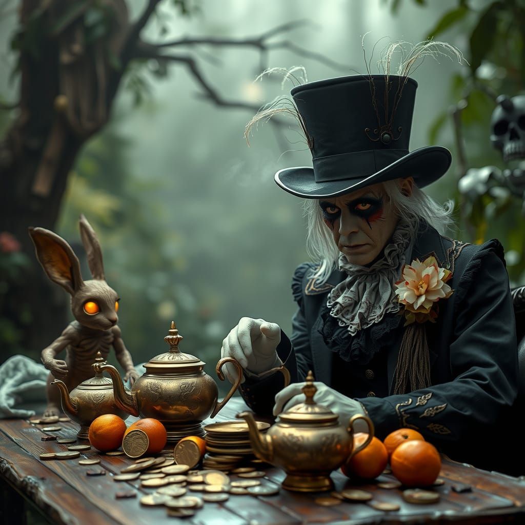 <Dark fantasy realism with theatrical gothic elements> high-...