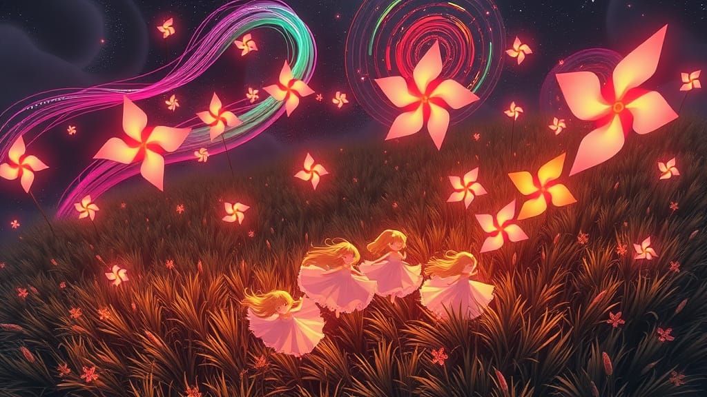 Anime Girls in a Surreal Pastel Pinwheel Landscape