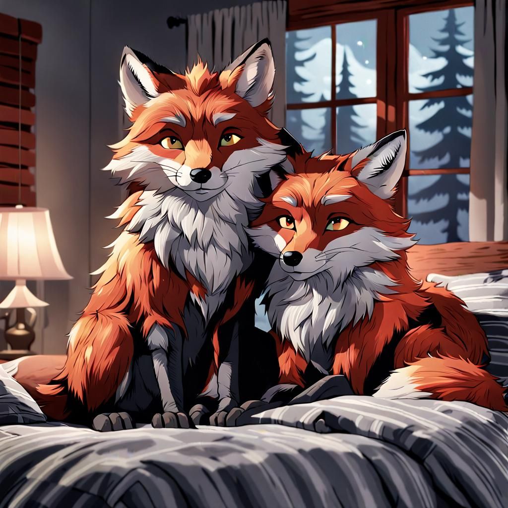 Anthropomorphic Fox and Wolf Snuggled in Bed