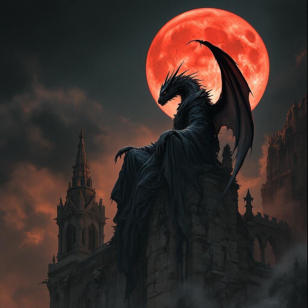 Dragon on Gothic Cathedral in Dark Fantasy Style
