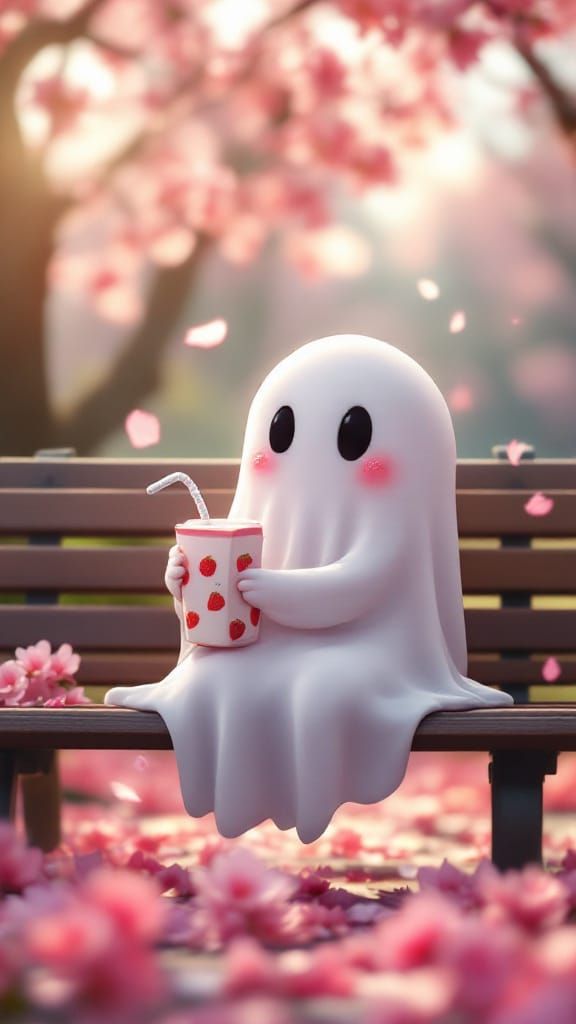 Cute 3D Ghost Blushing Amidst Falling Sakura Petals