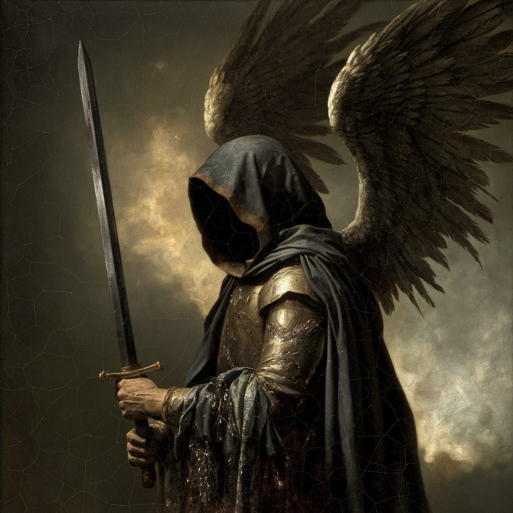Dark Angel with Sword: Oil Painting in Dutch Master Style