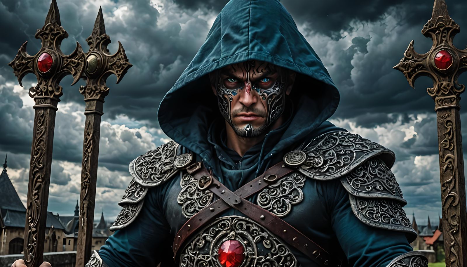 Hyperrealistic Gatekeeper with Staff and Red Stone