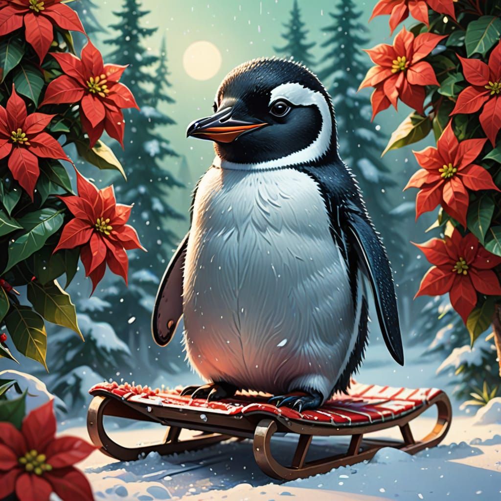Cheerful Cartoon Penguin on Sled in Snowy Forest
