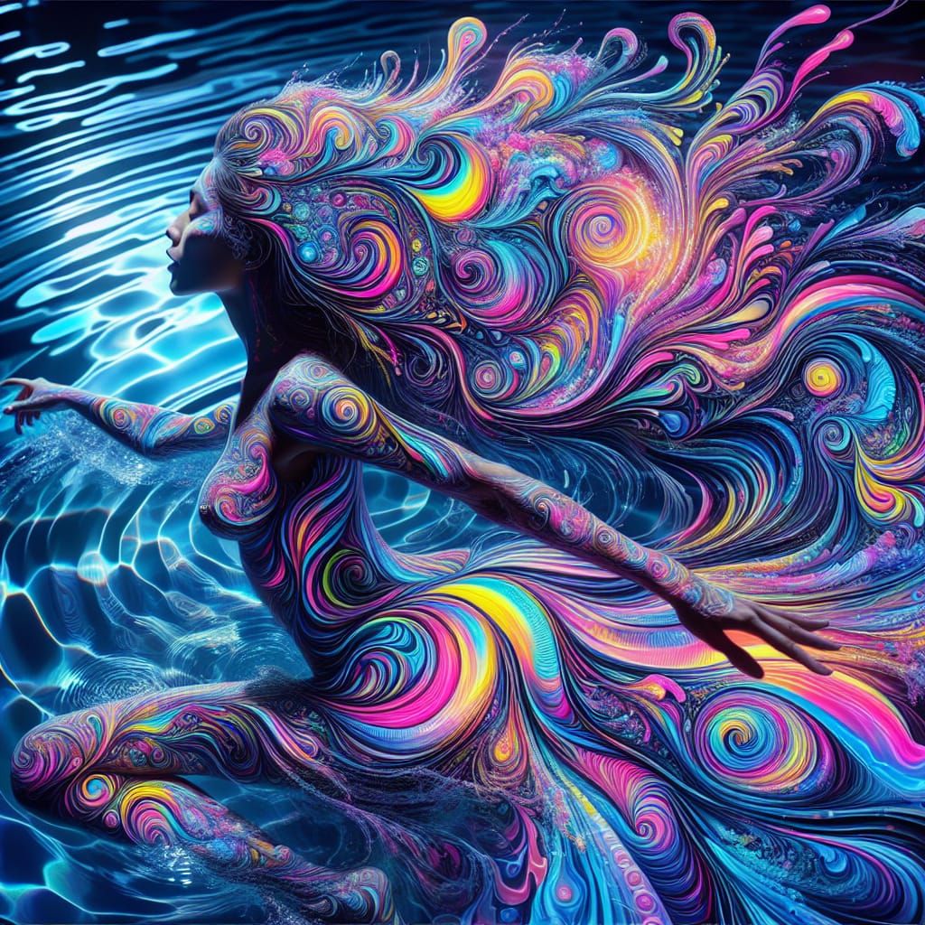 Surreal Asian Woman Swimming in Colorful Pool