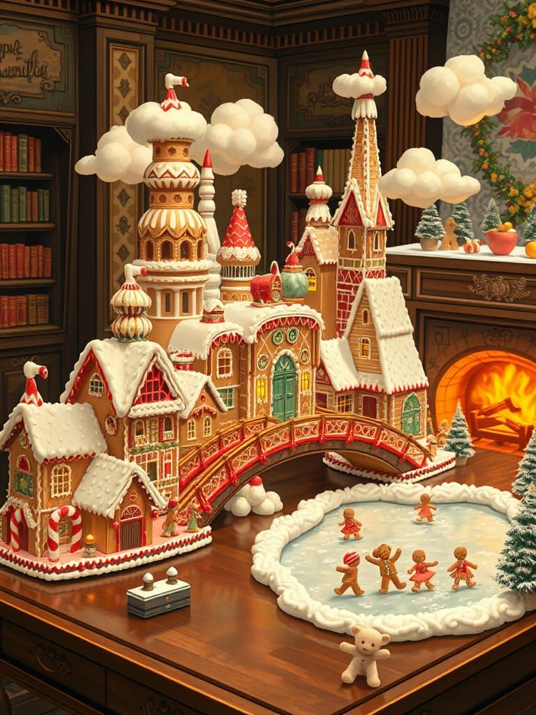 Whimsical Gingerbread City Snow Globe in Art Nouveau Style