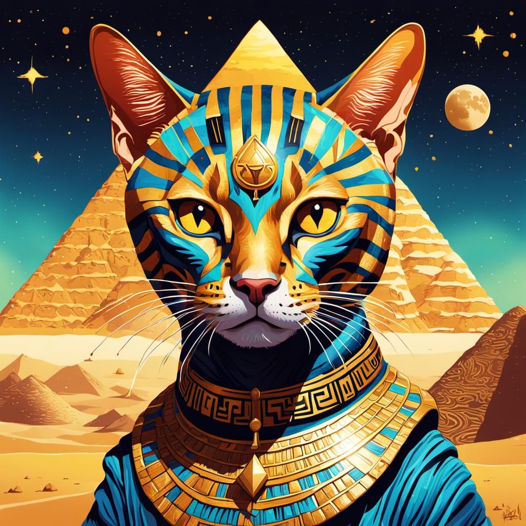Bengal Cat as King Tut in Psychedelic Desert