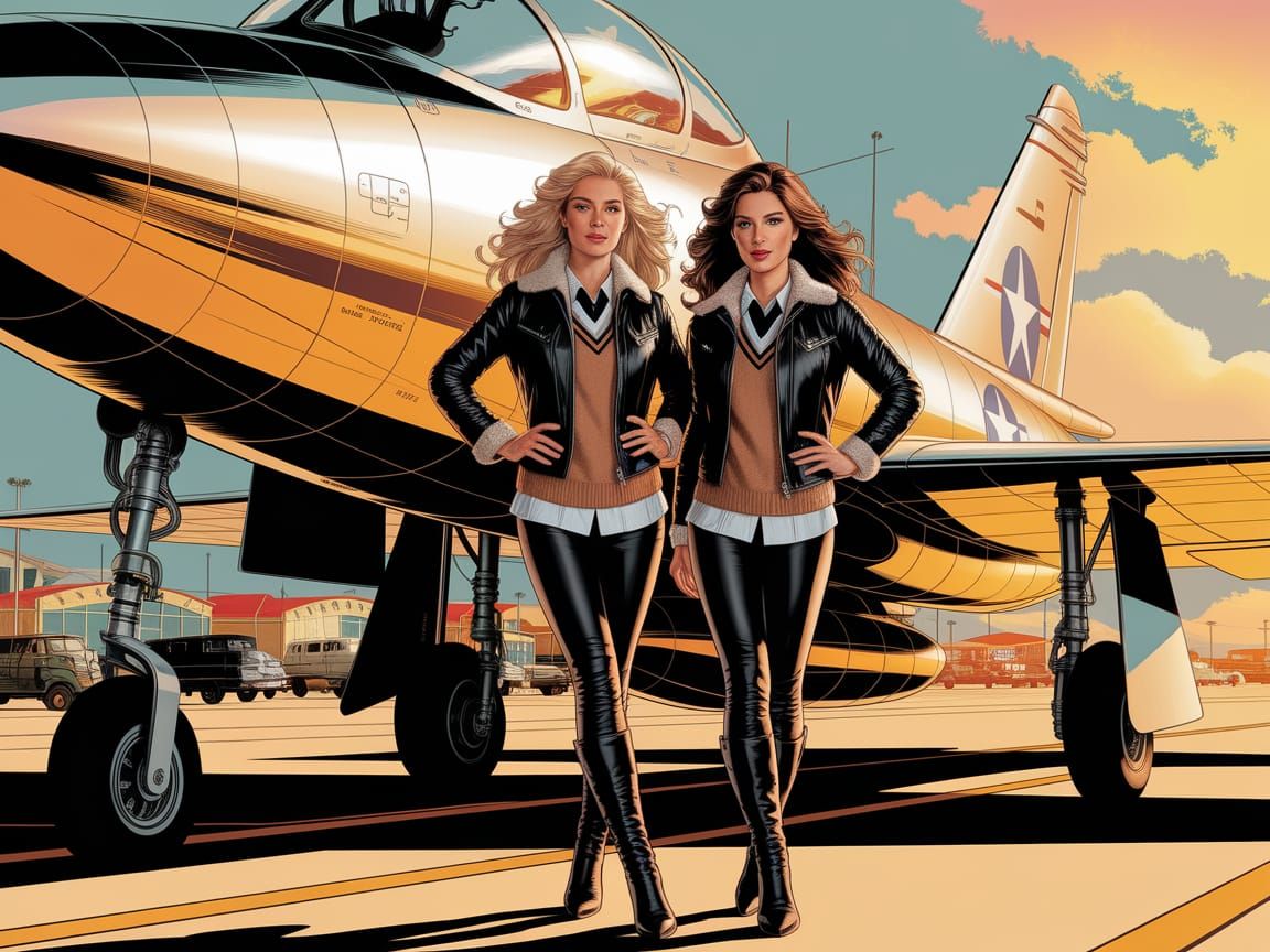 Pilots in Vintage Jet Photo, Comic Book Art Style