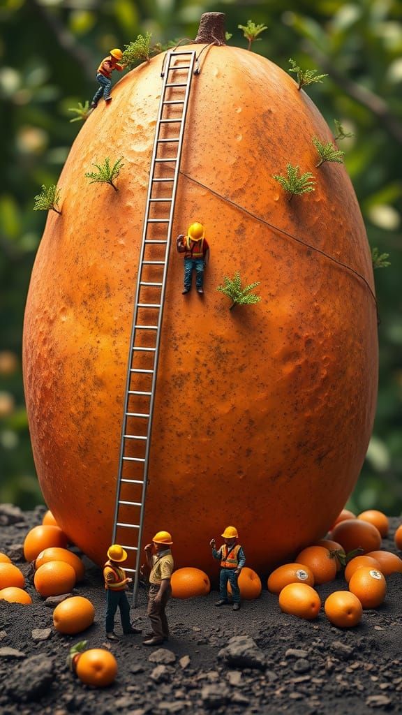 Tiny Construction Workers in a Vibrant Mango Landscape