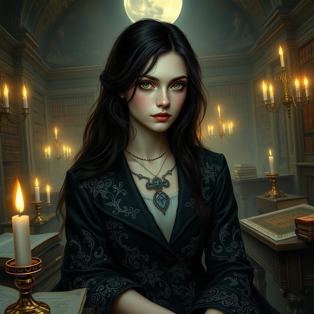 Ethereal Gothic Young Woman in Dimly Lit Classroom