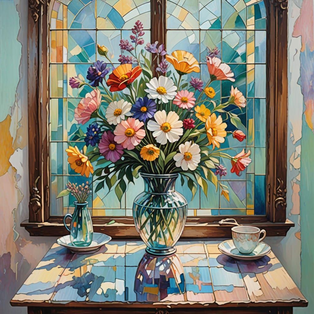 Gouache Flowers in Stained Glass Vase