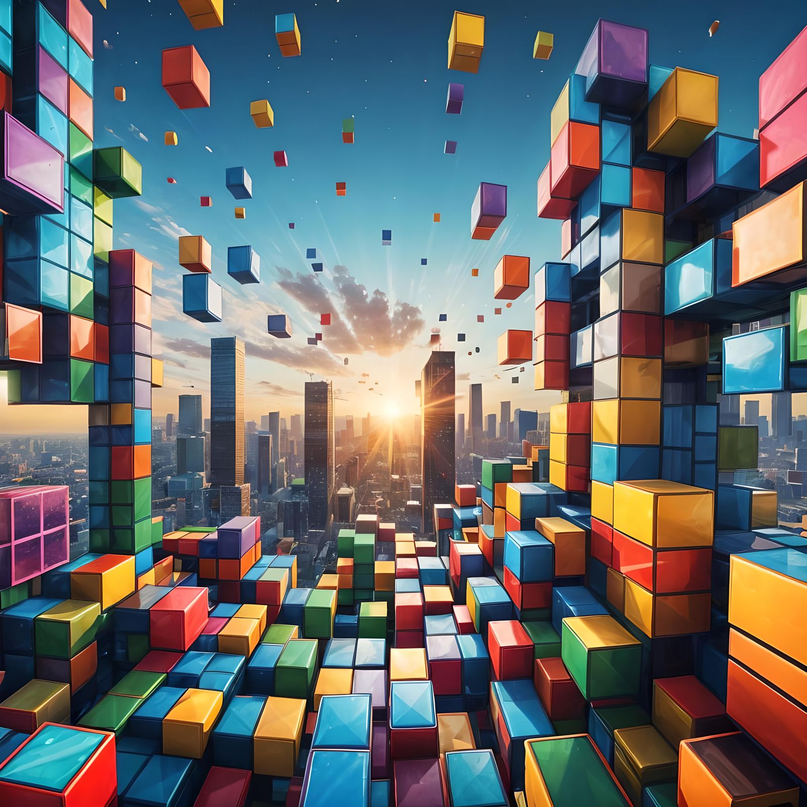 Tetris Blocks Fall on City in Sci-Fi Style