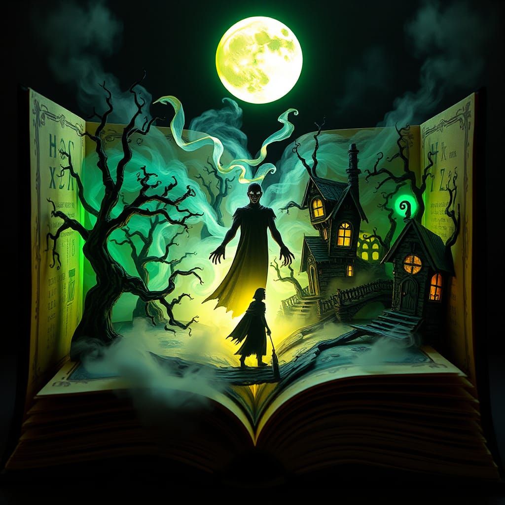 Haunting Pop-Up Book Scene in Surrealist Style