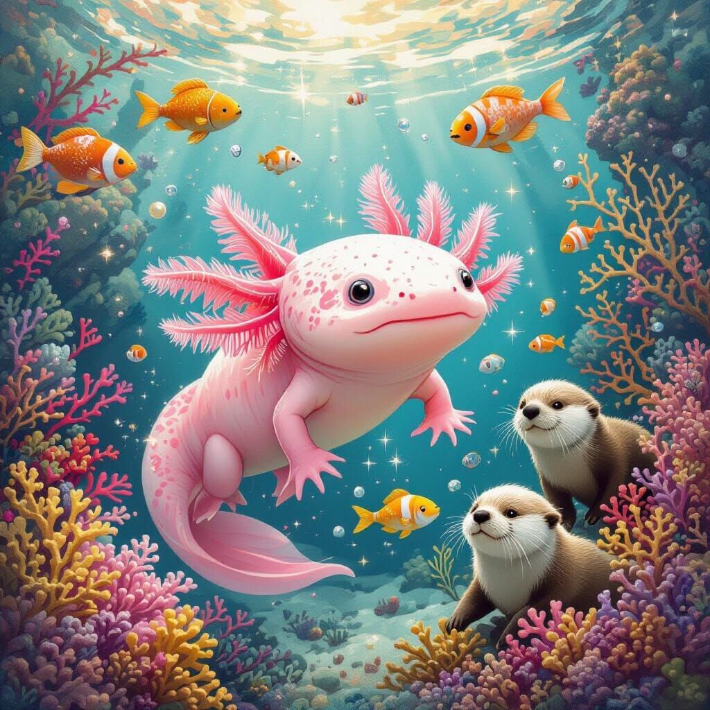 Pink and Gold Axolotl in Underwater Gurney Style
