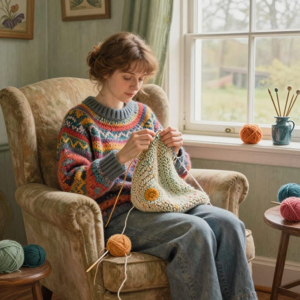 Woman Knitting Cozy Sweater in Folk Art Style