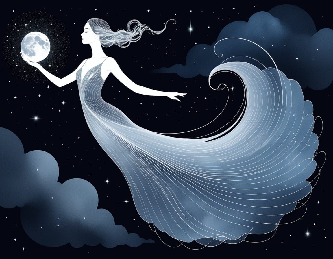 Ethereal Cloud Woman in Celestial Fashion Sketch Style