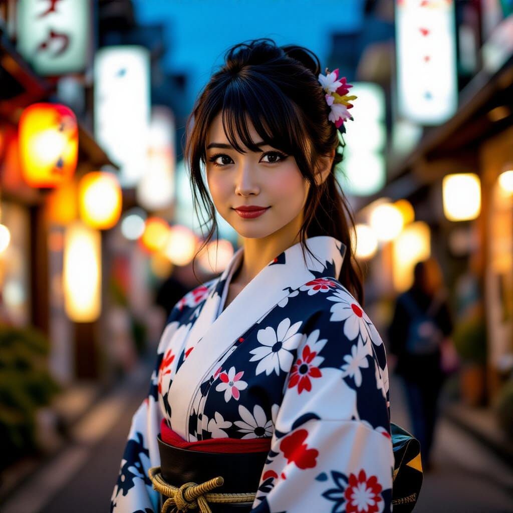 Confident Japanese Woman with Wakizashi in Cyberpunk Style