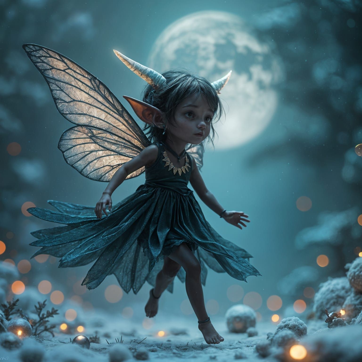 Icy Pixie Flies Before Moon, Digital Art