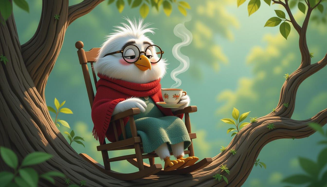 Elderly Bird Enjoying Tea in Pixar Style