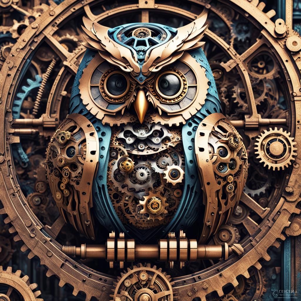 Mechanical Owl with Gears and Cogs in Detailed Matte Paintin...