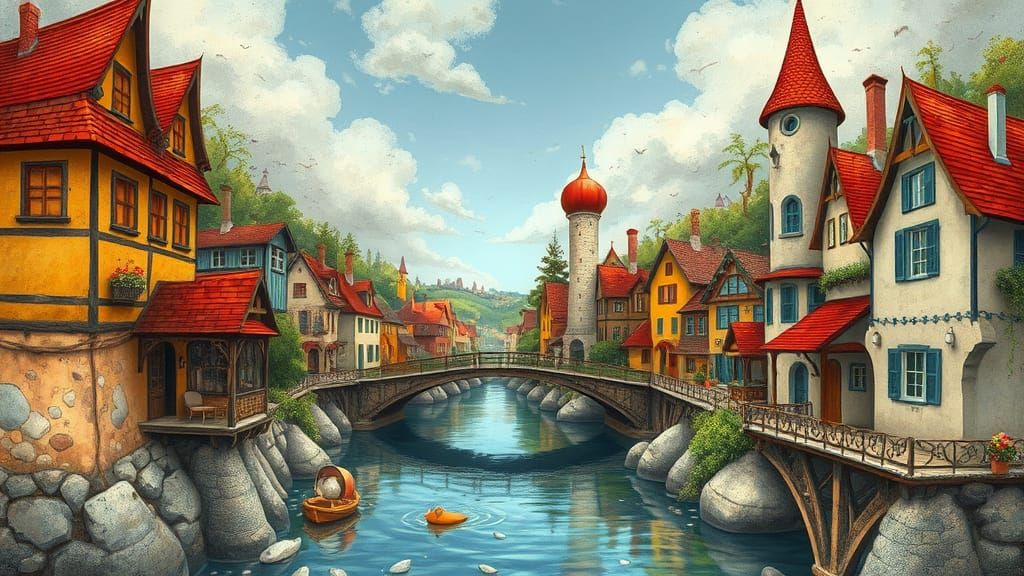 Whimsical Villages Connected by a Majestic Bridge in a Vibra...