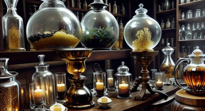 Baroque Apothecary Scene with Vials and Mortar