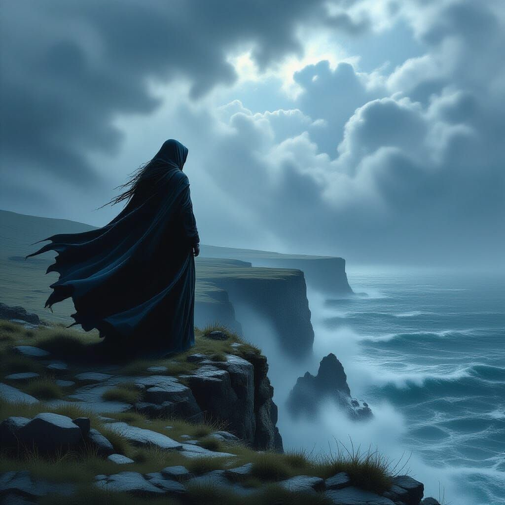 Witch on Windswept Cliff Overlooking Stormy Sea
