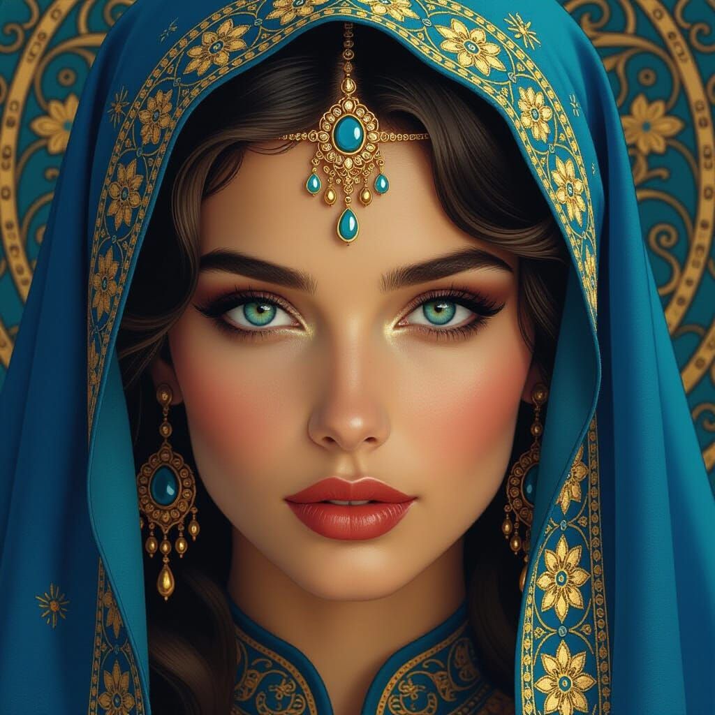 Ornate Portrait of Woman in Blue and Gold, Art Nouveau Style