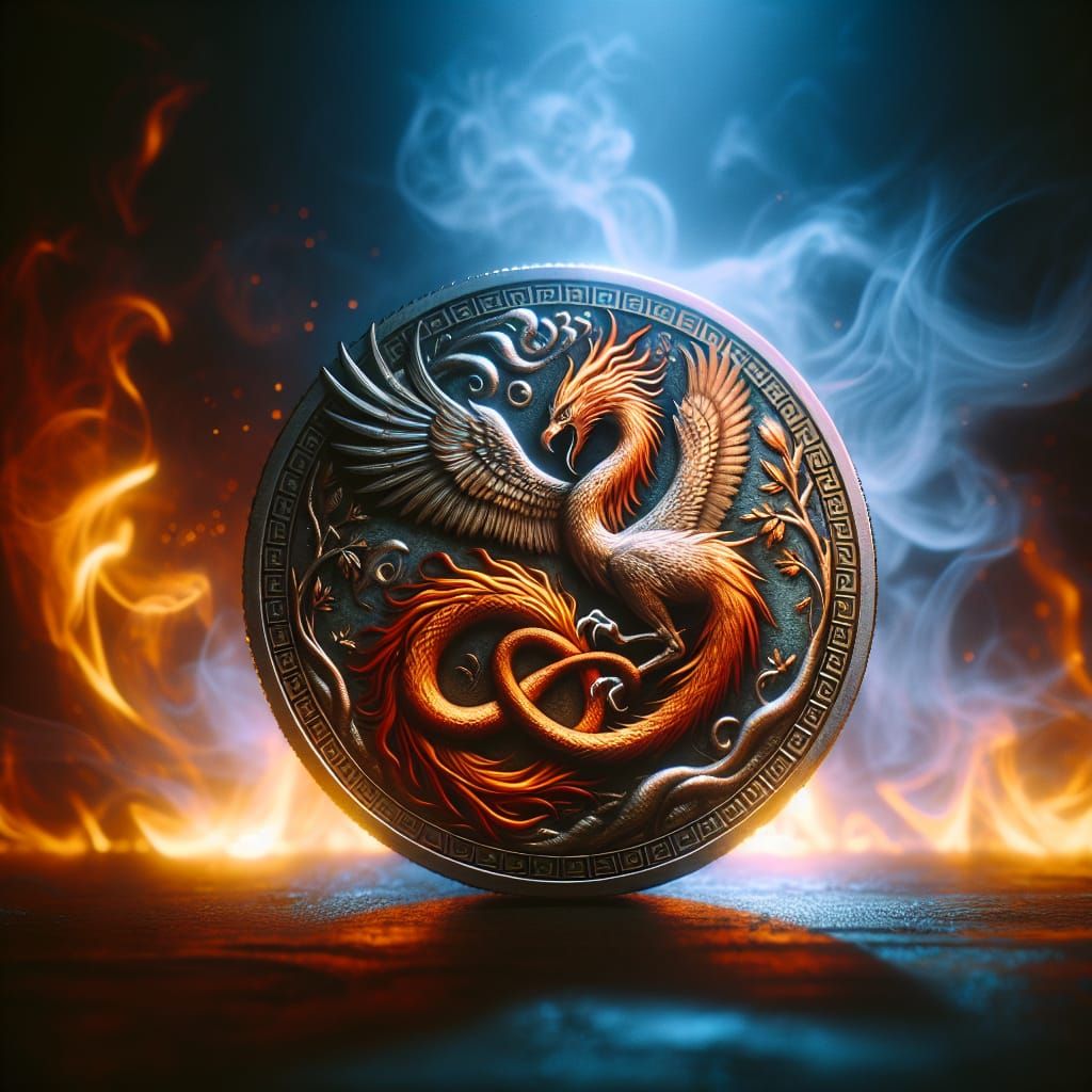 Mythological Coin with Phoenix and Snake in Flame