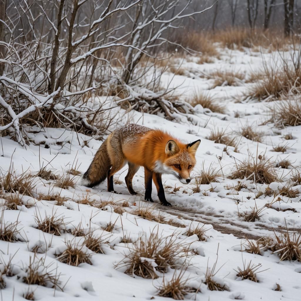 Fox Sniffing Tracks in Winter Landscape