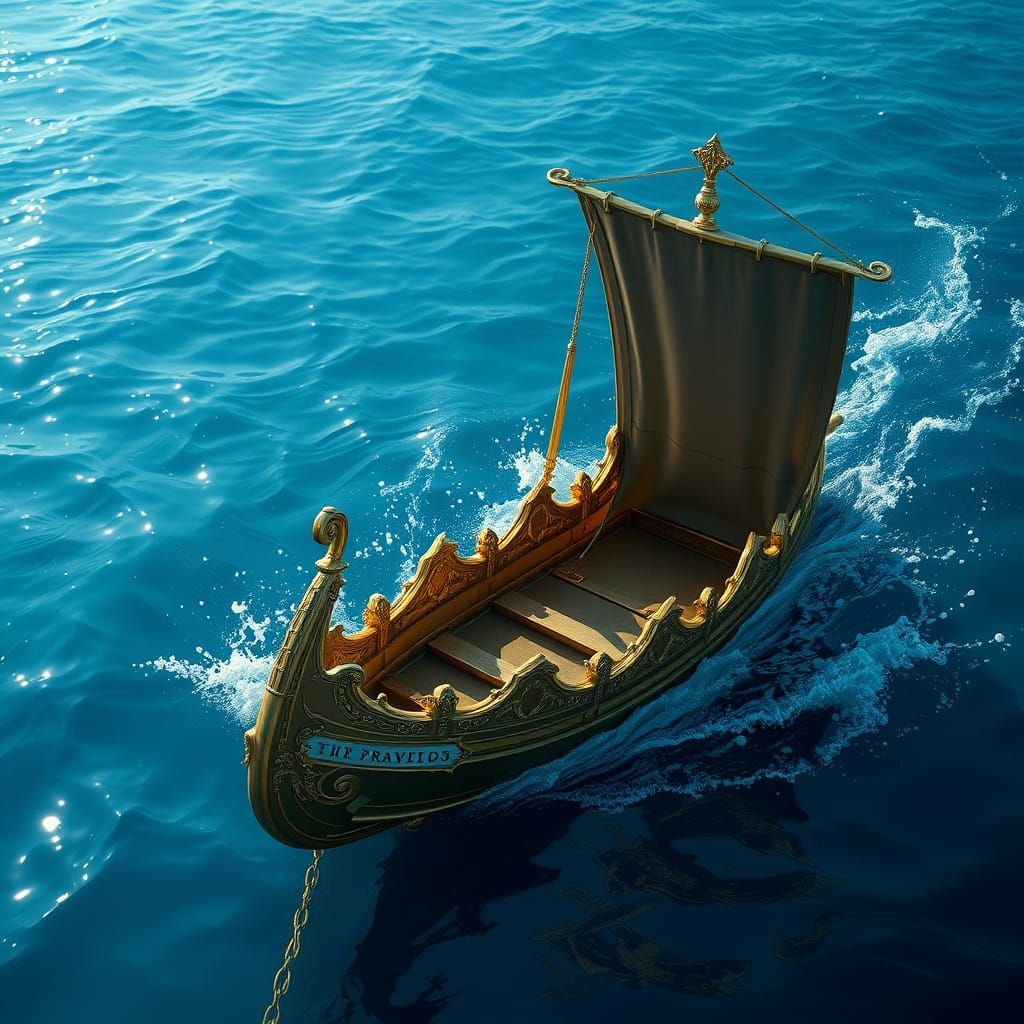 Ethereal Gold Boat on Vibrant Blue Waters