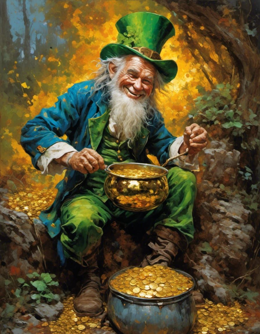 Leprechaun Guarding Gold: Hyperreal Oil Painting