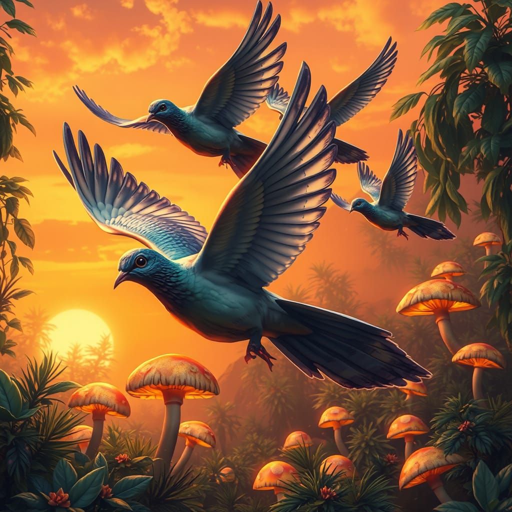 Majestic Turtle Doves in Vibrant Sunset Landscape