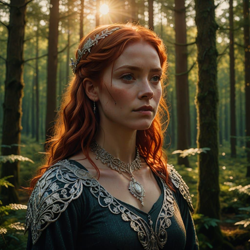 Fantasy Woman with Red Hair in Sun-Dappled Forest
