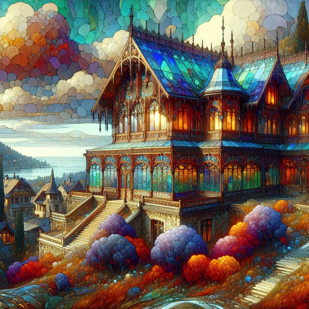 Intricate Stained Glass House in Picturesque Town