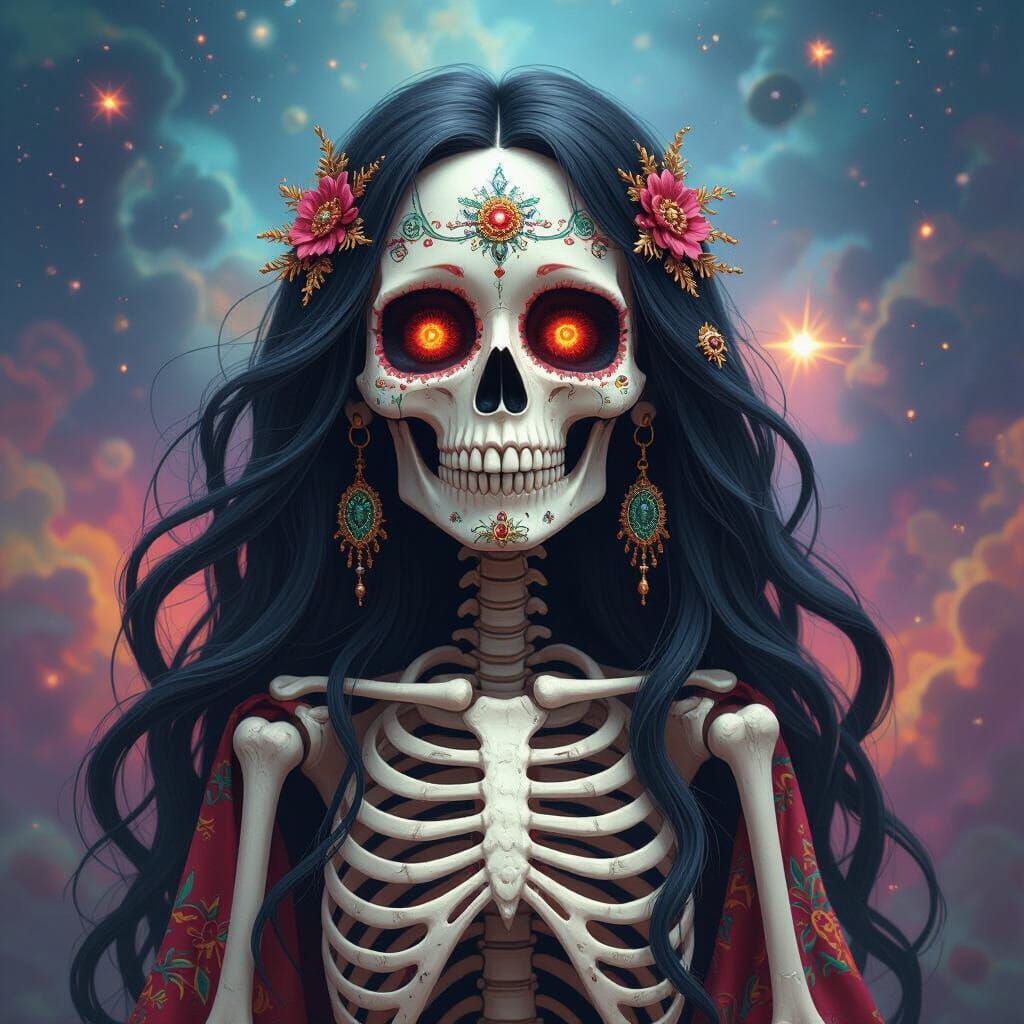 Cosmic Witch-Skeleton Doll in Holographic Astral Style