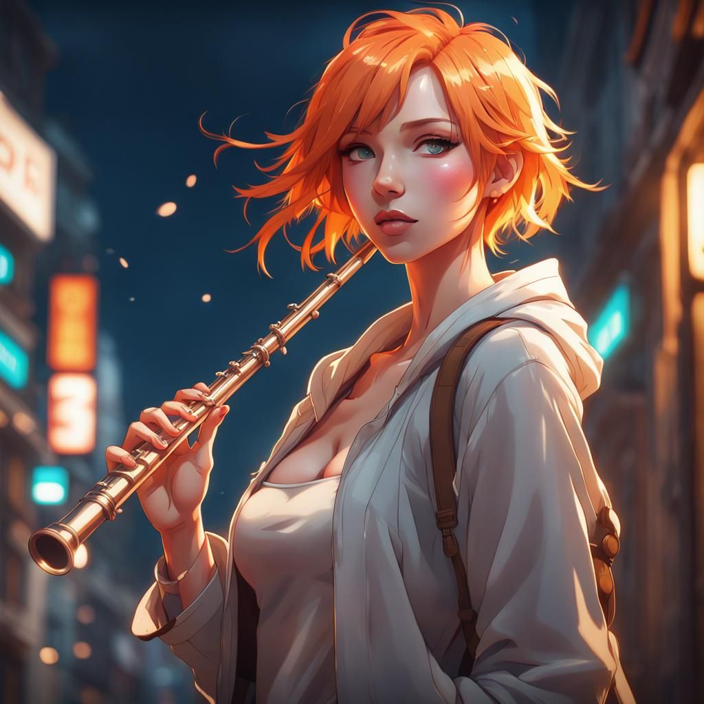 Anime Girl Portrait with Flute, Hyperdetailed Art