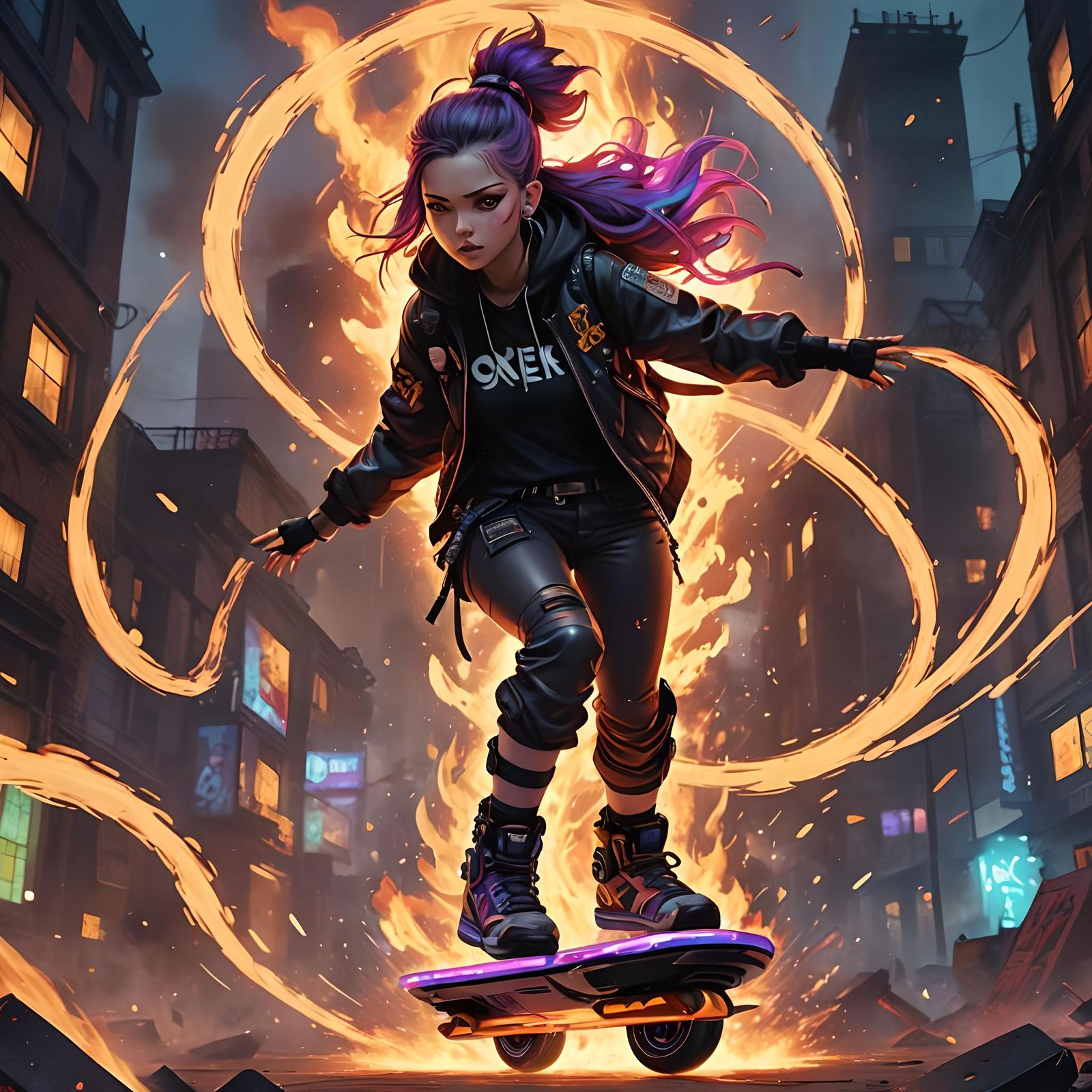 Punk Girl Rides Hoverboard Through Fiery Stunt Show