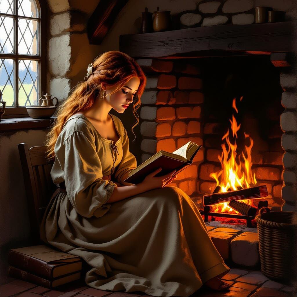 Medieval Woman Reading by Fireplace, Oil Painting