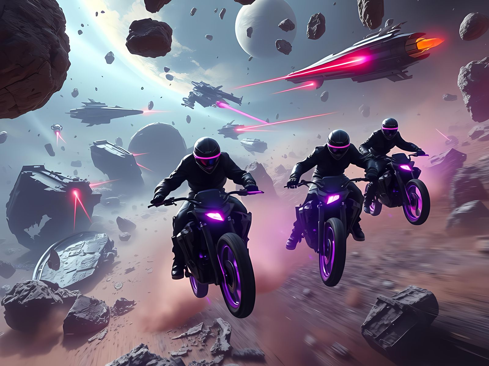 Cyberpunk Space Chase Through Asteroid Field