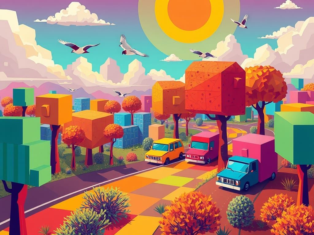 Vibrant Cubist World of Square Characters and Geometric Land...