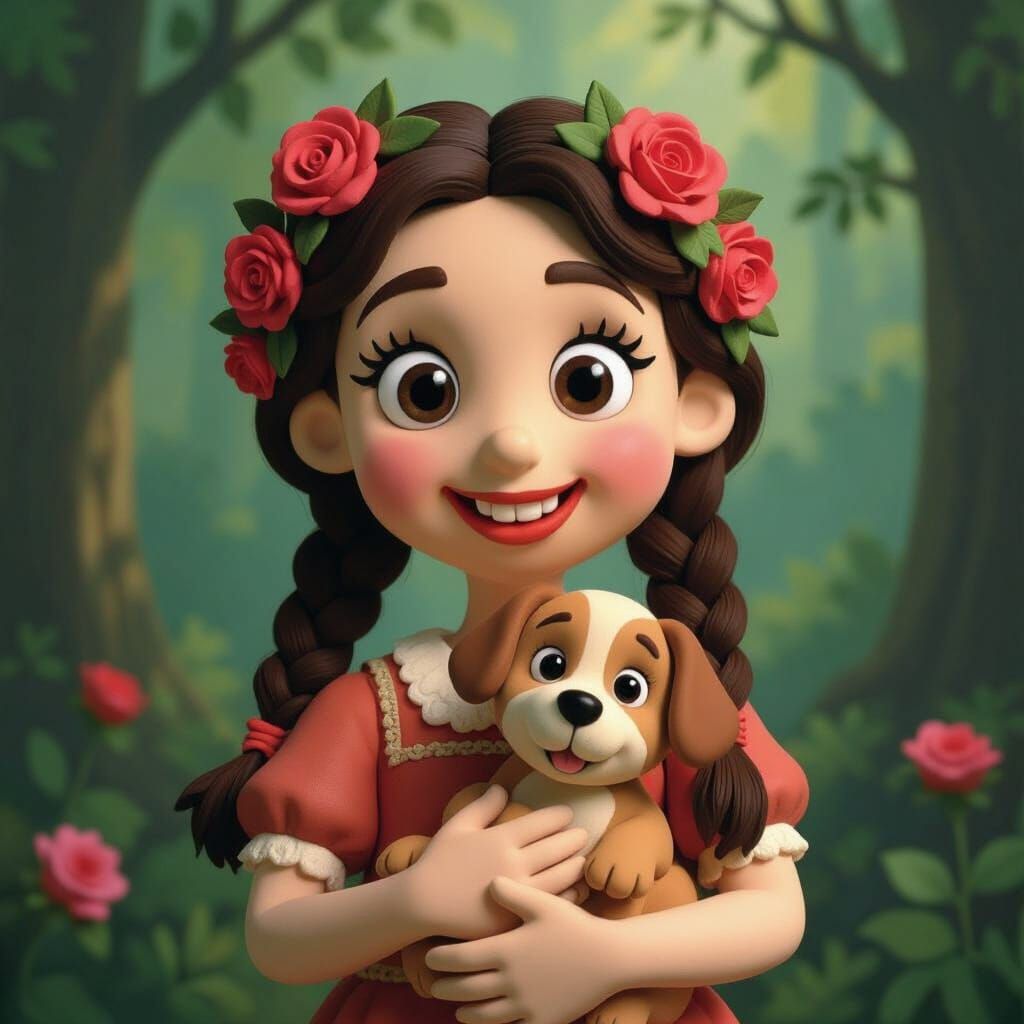 Claymation Girl With Roses Cradling Puppy in Enchanting Fore...