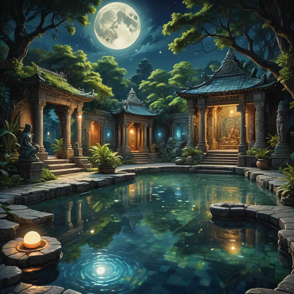 Moonlit Pool: A Fantasy Oil Painting in Triadic Colors
