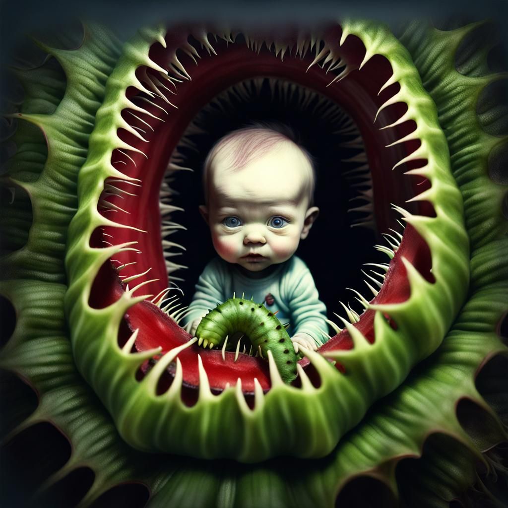 Creepy Baby in Venus Flytrap Photo