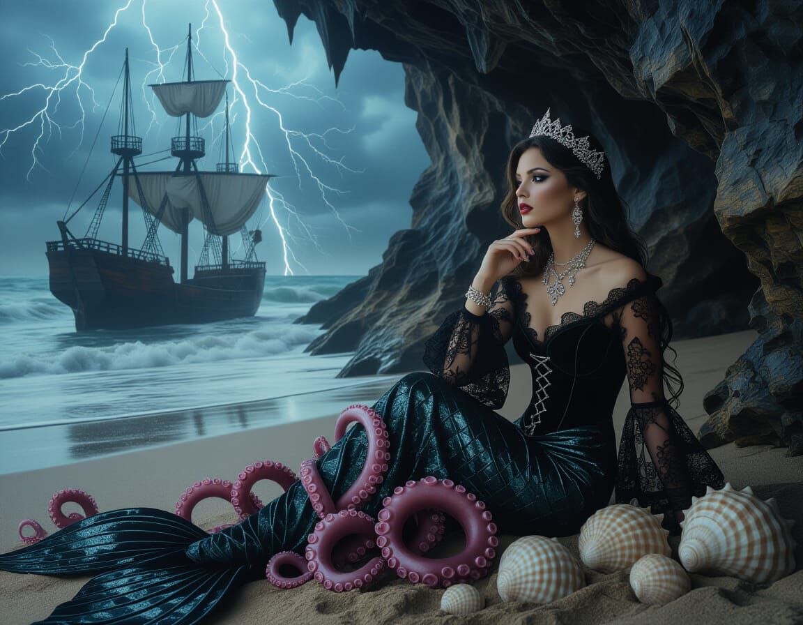Gothic Mermaid in Cave Overlooking Shipwreck