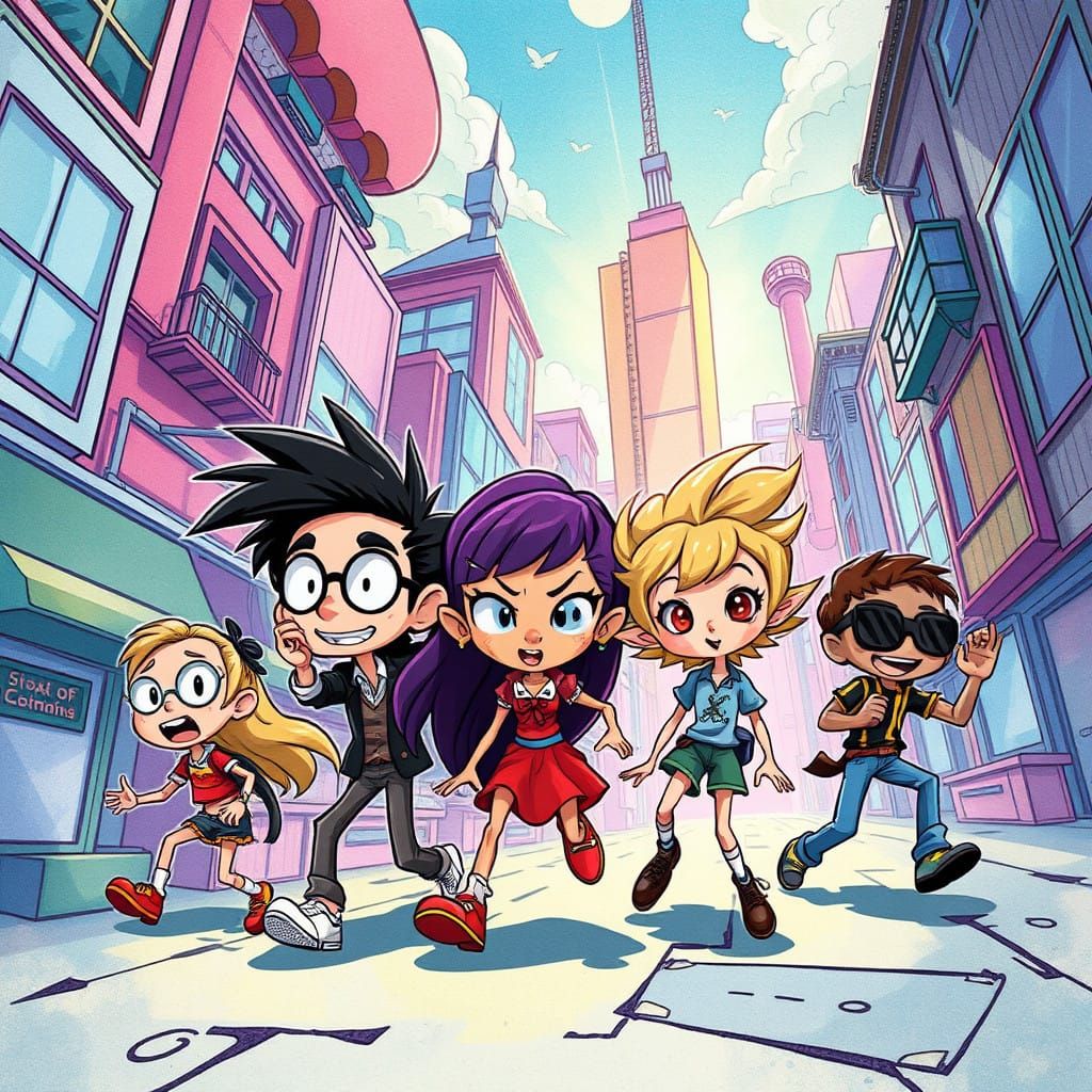 Vibrant Comic Book Characters in a Whimsical Cityscape