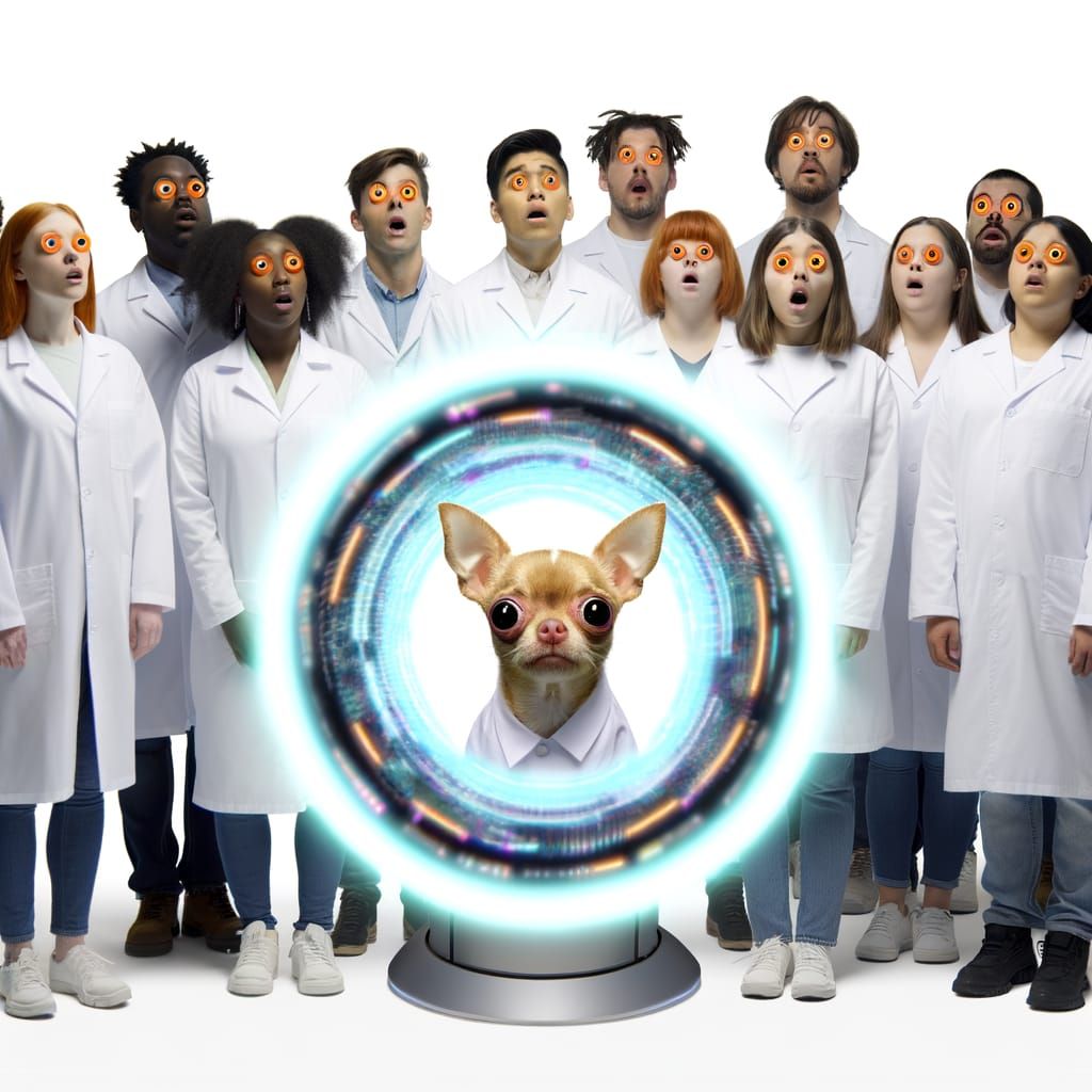 Scientists and Chihuahua Counterparts Stare Through Portal