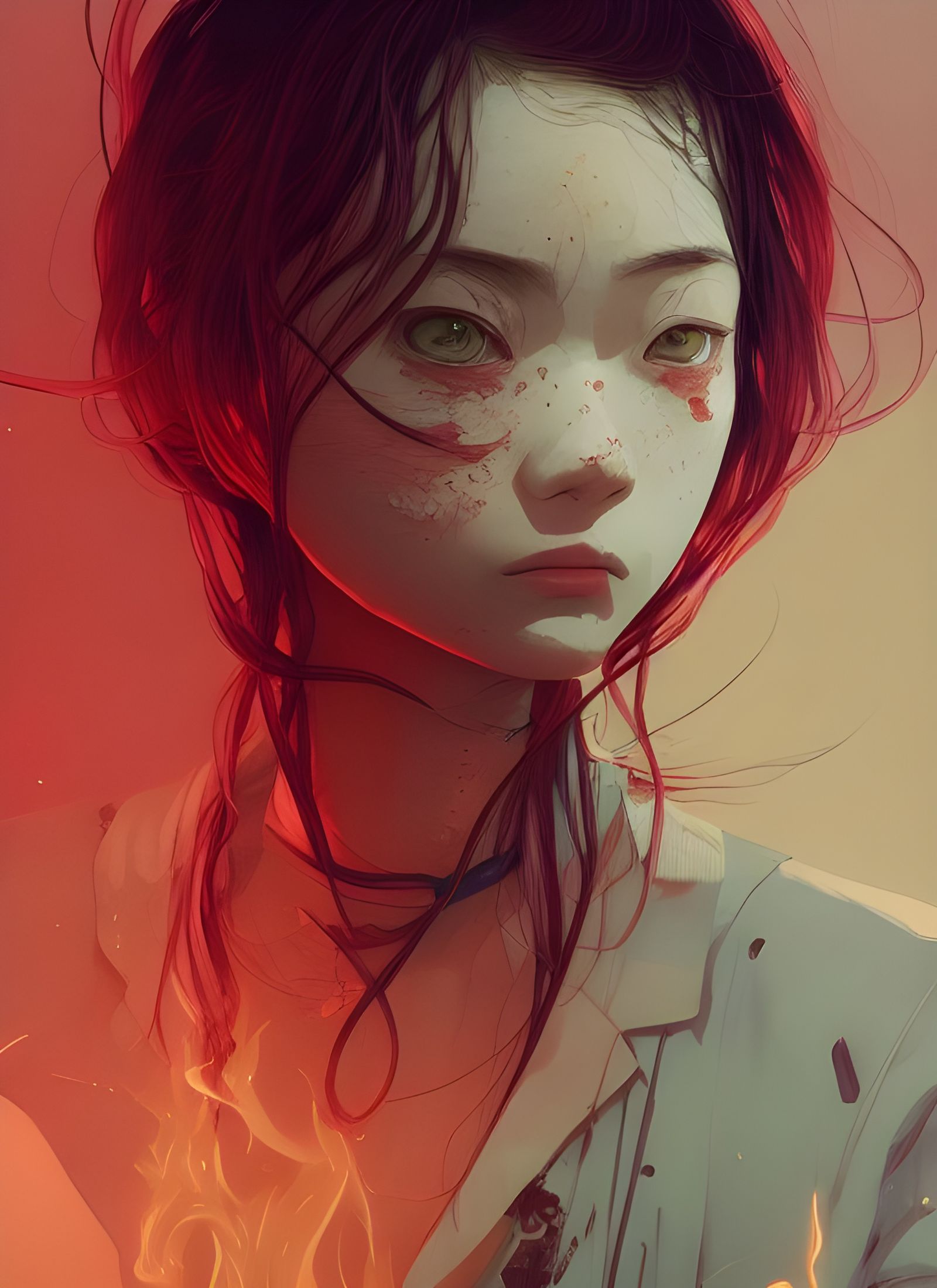 Girl Burning in Hell: Anime-Style Portrait